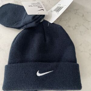 Nike Toddler Cuff Beanie Hat and Mittens Glove 2 Piece Set Navy Blue‎ 12/24M NWT